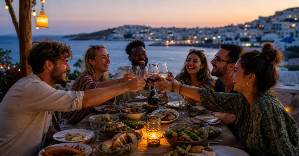 How to make friends while traveling solo: diverse group of travelers toasting wine glasses at an outdoor dinner at dusk