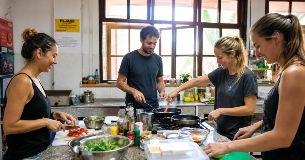 How to make friends while traveling solo: diverse travelers cooking together in hostel communal kitchen