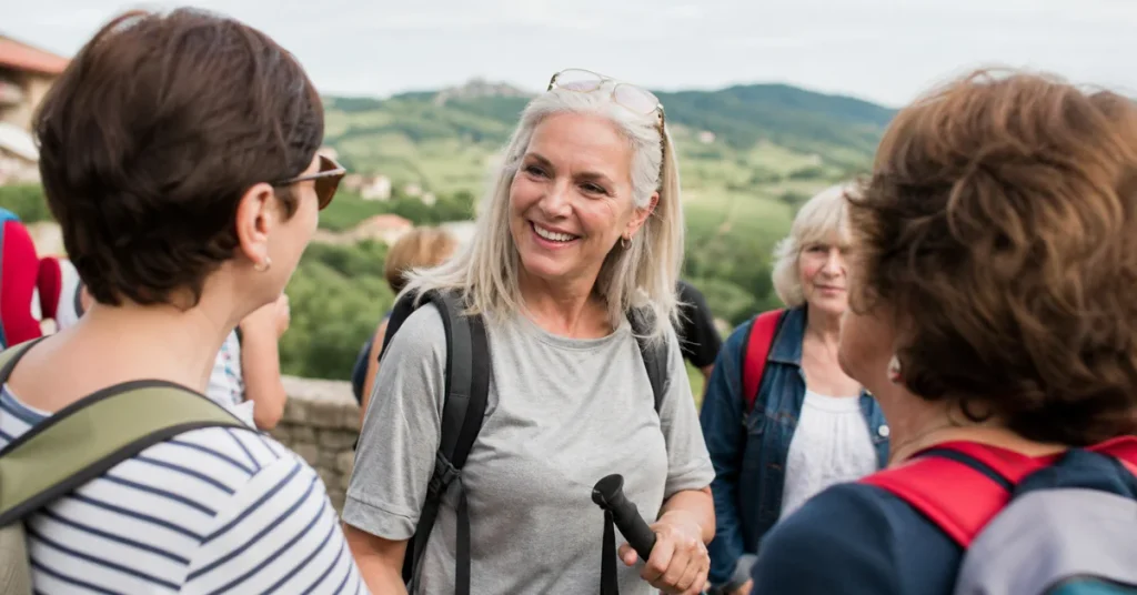 How to make friends while traveling solo: women over 50 chatting on a small group walking tour in the countryside