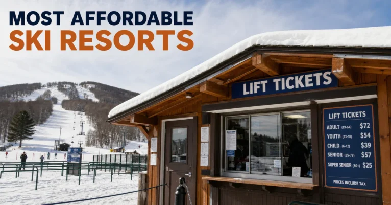 Most affordable ski resorts in the US: a modest wooden lift ticket booth with pricing board visible and ski slopes in the background