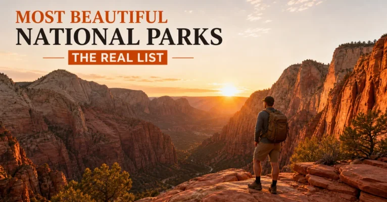 Most beautiful national parks in the US: a hiker overlooking a Zion-style red rock canyon at sunset