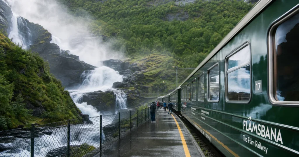 Most scenic train routes in Europe: the green Flåm Railway train stopped at the Kjosfossen waterfall platform with mist rising in Norway