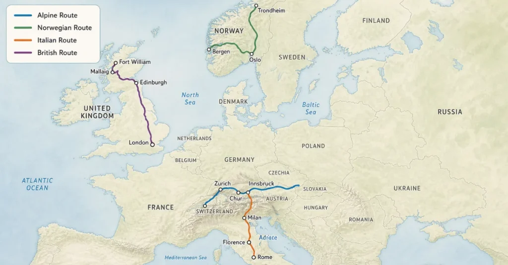 Most scenic train routes in Europe: an editorial map highlighting the Alpine, Norwegian, Italian, and British rail routes with labeled stops