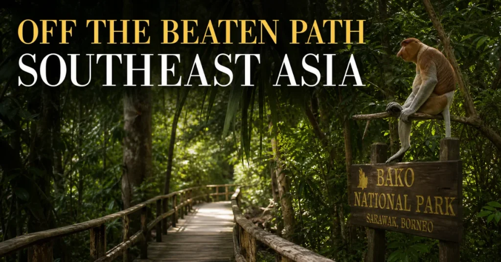 Off the beaten path Southeast Asia: a proboscis monkey perched above the Bako National Park sign on a rainforest boardwalk trail in Sarawak, Borneo