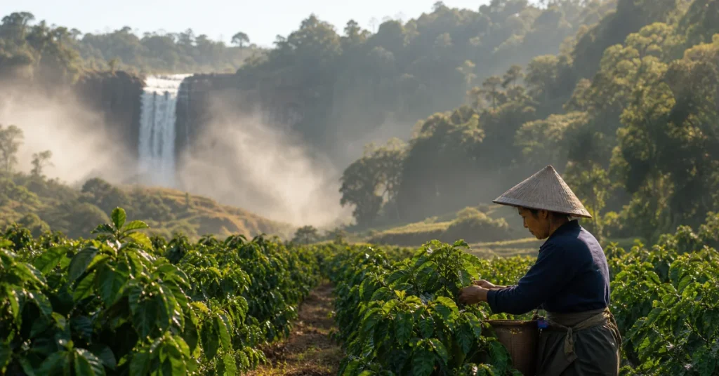 Off the beaten path Southeast Asia: a farmer picking coffee on a Bolaven Plateau farm with a misty waterfall behind rows of coffee plants
