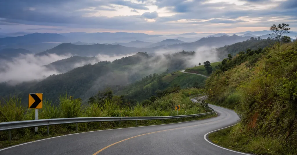 Off the beaten path Southeast Asia: a curving mountain road on Thailand's Mae Hong Son Loop winding through mist-covered hills at dawn