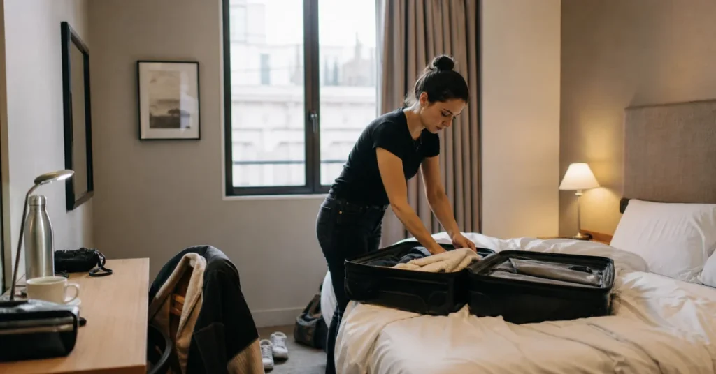 Solo travel tips for introverts: woman unpacking suitcase in private hotel room with soft natural light