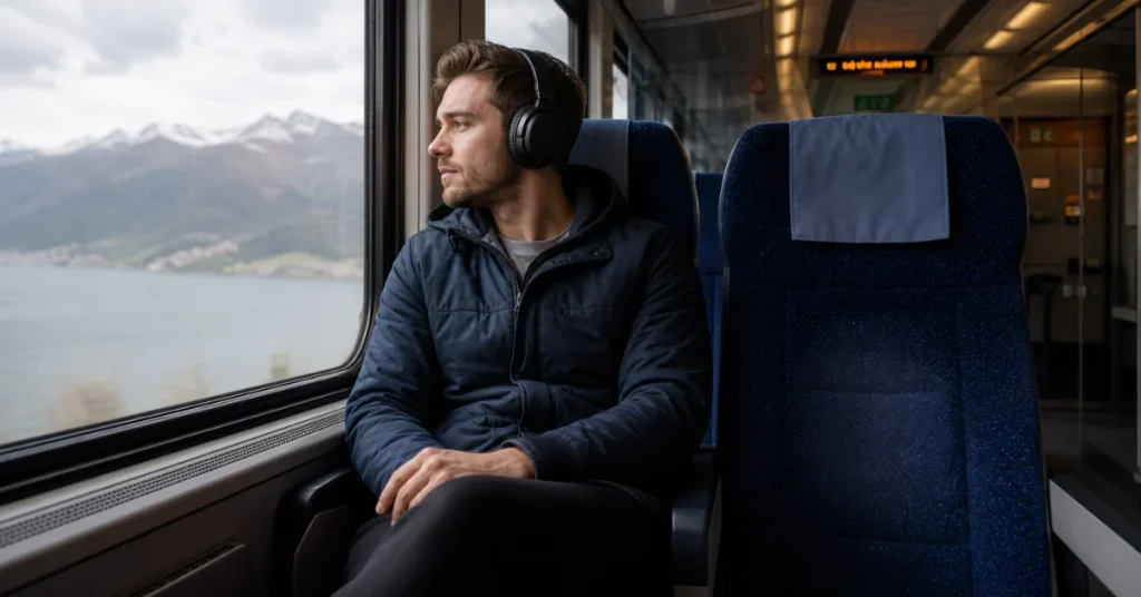 Solo travel tips for introverts: male traveler with headphones looking out train window at mountain scenery