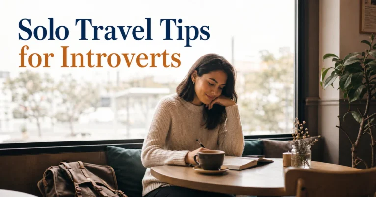 Solo travel tips for introverts: woman traveler journaling alone at a quiet cafe window with coffee