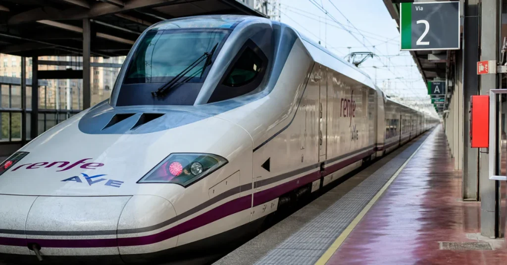 Tourist places to visit in Spain: a Renfe AVE high-speed train at a Spanish station platform showing the sleek aerodynamic design