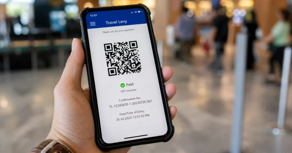 Visit Bali on a budget: a smartphone showing a paid travel levy confirmation with a QR code at an airport
