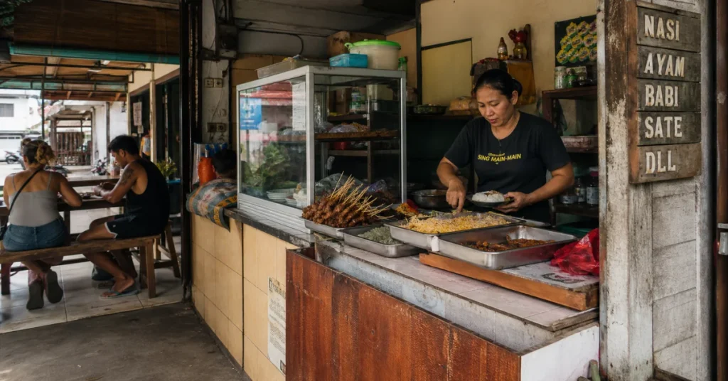 Visit Bali on a budget: travelers eating at a local Balinese warung serving nasi goreng, satay, and rice plates