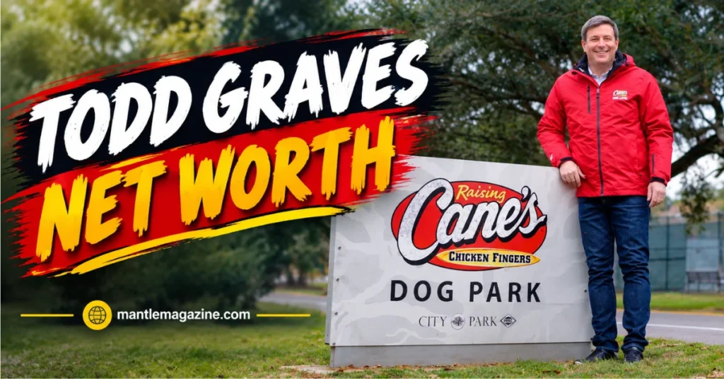 odd Graves, founder of Raising Cane's, standing next to a Raising Cane's Dog Park sign, representing his $22 billion net worth.