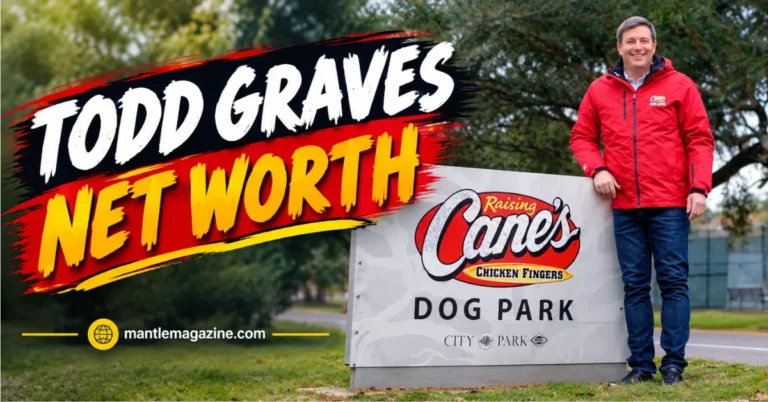 odd Graves, founder of Raising Cane's, standing next to a Raising Cane's Dog Park sign, representing his $22 billion net worth.