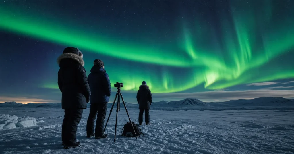 Best places to see the northern lights: group of photographers with tripod on a vast snowfield watching the aurora borealis