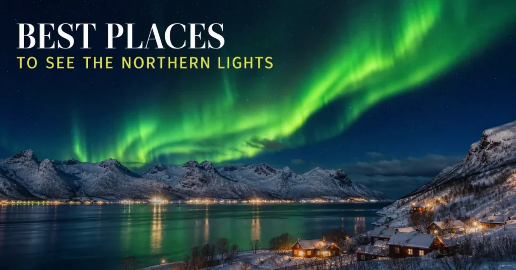Best places to see the northern lights: green aurora borealis over Norwegian fjord with snowy mountains and lit cabins